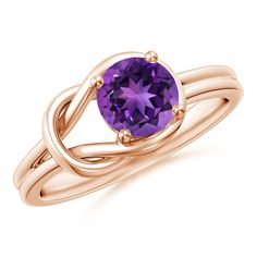 A velvety purple amethyst is prong set in 14k rose gold and draws attention to its immense luminosity. The lustrous band is finely twisted into an infinity knot, symbolizing eternal love and commitment. This amethyst knot ring has an elegant and sophisticated appeal. Infinity Knot Ring, February Birthstone Jewelry, Infinity Knot, Contemporary Ring, Knot Ring, Rings For Girls, February Birth Stone, Eternal Love, Amethyst Ring