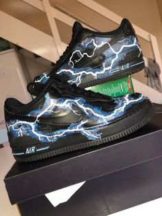 Black Lightning Custom Air Force 1-shecustomize Shoe Artwork, Nike Air Force 1s, Air Shoes, Custom Kicks, Blue Lightning, Custom Air Force 1, Black Lightning, Cute Nike Shoes, Leather Paint