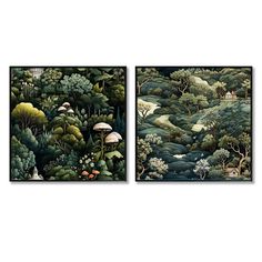 two paintings with trees and bushes on them