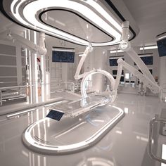 a futuristic room with white walls and flooring