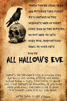 an old poster with a crow sitting on top of a skull and the words, all hallows eve