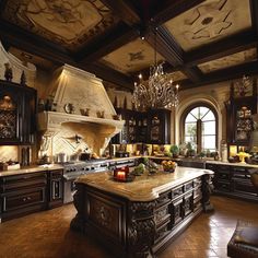 a large kitchen with an island and chandelier hanging from it's ceiling