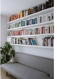 the bookshelves are filled with many different types of books