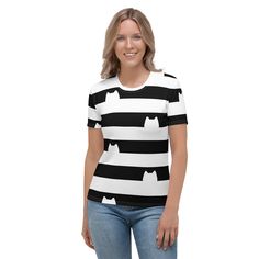 Gabby's Dollhouse Inspired Shirt, Gabby Cat Shirt from Gabby Dollhouse, Women's Matching Mother Daughter, Costume, Adult Women's Sizes S - 2XL Dress to match your daughter just like Gabby from Gabby's dollhouse with this adorable black and white striped tee. Comes in sizes S-XL. Perfect for you and your daughter to wear on her birthday or for Halloween.  PLEASE NOTE THIS RUNS SMALL, SIZE UP AT LEAST ONE SIZE! * 95% polyester, 5% elastane (fabric composition may vary by 1%) * Premium knit mid-wei Fitted White T-shirt With Cat Print, Fitted White Cat Print Top, White Fitted Top With Cat Print, Fitted White Top With Cat Print, Fitted Short Sleeve Tops With Cat Print, White Short Sleeve Shirt With Cat Print, Fitted Short Sleeve Tops With Cat Design, Cute Tops With Cat Design, Black Cat Design T-shirt