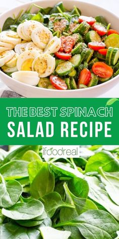 the best spinach salad recipe is in this collage, and it's ready to be eaten