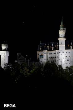 a castle lit up at night with trees in the foreground