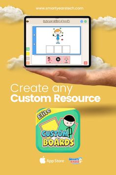 an ipad with the words create any custom resource on it and a hand holding up