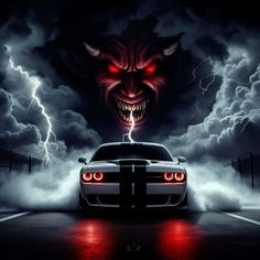 a car driving down a road with a demon face on it's head and lightning in the background