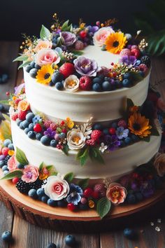 a three tiered cake decorated with fresh flowers and berries on a wooden platter