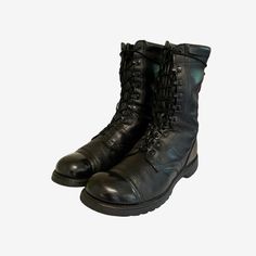 "Sz 10.5D Vintage black genuine leather 1980s Military combat jump boots. These boots were made in the 1980s in the good ole US of A. They were made for the military. They are called jump boots because they were used by paratroopers when parachuting out of airplanes. These have a leather upper and man made sole.  Size: 10.5D height: 10.5\" length: 12.5\" insole: 11.75\" width: 4.5\" heel: .75\" Material: leather Color: Black Condition: Good Vintage" Vintage Combat Boots, Shoes Boots Combat, Jump Boots, Colonel Mustard, Oliver Sykes, Army Style, Army Boots, Military Combat, Black Combat Boots