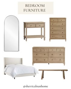 the bedroom furniture is shown with white sheets and pillows