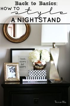 a black dresser with white flowers and pictures on it, the words how to back to basics