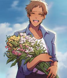 an anime character holding flowers in his hands