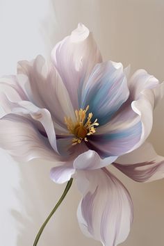 a white and blue flower with yellow stamen on it's center, in front of a beige background