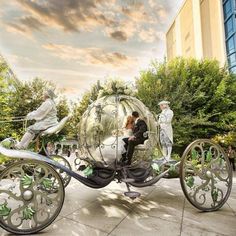 an artistic photo of a bride and groom riding in a horse drawn carriage