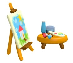 an artist's easel next to a small table with a painting on it