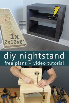 the diy night stand is made from wood and has an electric driller on it