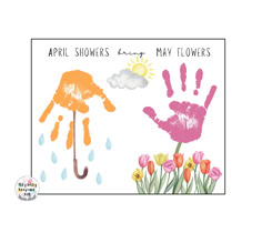 an image of hand prints and flowers with the words, april showers mayflowers