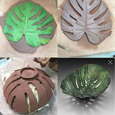 three different types of clay with leaves on them