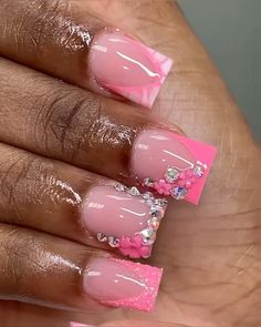 French Tip Nails Short With Design, Nails For 10 Year Girl, 13th Birthday Nails Ideas, Pink Nails Ideas Short, Sweet 16 Nails Acrylic Pink Short, 15 Birthday Nails, Pink Sweet 16 Birthday Nails, Nails Birthday Design Ideas, Short Pink Nails With Rhinestones