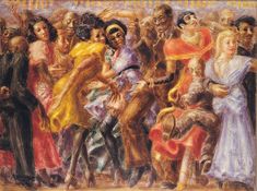 a painting of people dancing together in front of a group of men and women, all dressed in colorful clothing