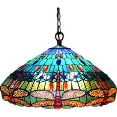 a stained glass hanging light with dragonflies on it's side and two lights attached to the ceiling