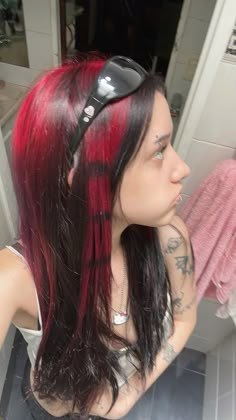 #y2k #gothic #emo #hairstyles #hellokitty Chunky Highlights Y2k Red, Red Roots Blonde Ends, Black Hair Colored Highlights, 2000s Emo Hairstyles, Video Game Hairstyles, Gothic Hair Color Ideas, Alt Colored Hair, Hair Color Ideas Y2k, Half Half Hair Color