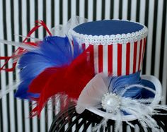 4th of July Mini Top Hat Red White and Blue by LittleMissHattitude 4th Of July Hair, Blue Fireworks, Patriotic Hats, Mad Hatter Hat, Birthday Photo Props, Holiday Hats, Blue Headband