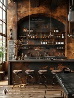 an industrial bar with stools and bottles on the back wall, along with wooden flooring