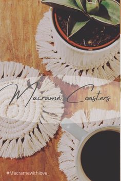 the cover of macrame coasters on a table with a cup of coffee