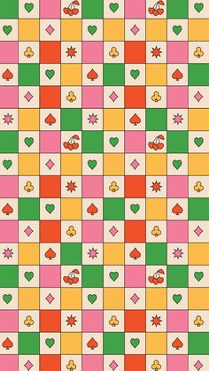 a checkerboard pattern with hearts and flowers on the bottom, in different colors