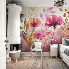 a bedroom with floral wallpaper and white furniture