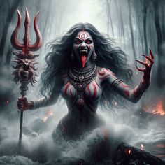 a woman with long hair and demon makeup holding a spear in her hand while standing in the water