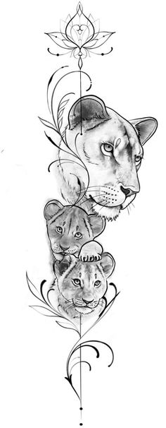 a drawing of two lions on a white background with an ornamental design in the middle