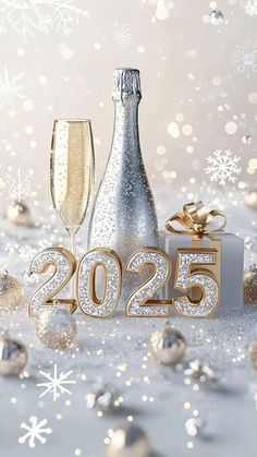 new year's eve card with champagne and gift box on snow covered ground surrounded by christmas decorations