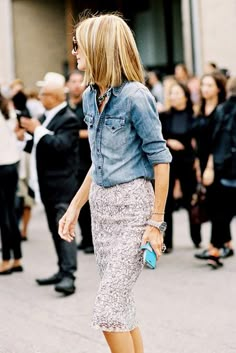 Pair a chambray shirt with a lace pencil skirt Skirt And Denim Shirt, Lace Skirts, Pencil Skirt Work, Walking Down The Street, Chic Gowns, Lace Pencil Skirt, Rock Outfit, A Skirt, Skirt Outfit