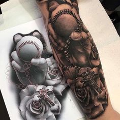 a baseball glove with roses and a cross on it next to a tattoo art piece