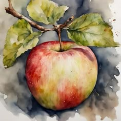 watercolor painting of an apple with green leaves