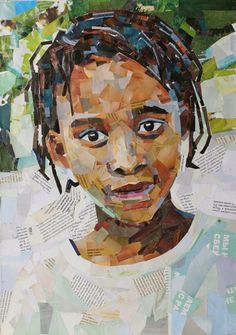 a painting of a woman's face made out of newspaper strips