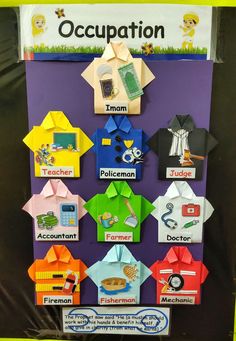 a bulletin board with different types of origami on it and the words occupation