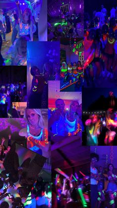 a collage of photos with people dancing in the dark and neon lights on them