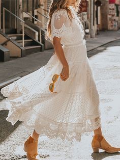 Women's Lace Dress Holiday Dress Swing Dress Maxi long Dress White Short Sleeve Pure Color Contrast Lace Summer Spring V Neck Elegant Vacation 2023 S M L XL 2023 - US $46.99 Hobo Chic, Short Sleeve Lace Dress, Maxi Dress Outfit, Cotton Sundress, Party Kleidung, Bohemian Maxi Dress, Short Sleeve Maxi Dresses, White Short Dress, White Dresses For Women