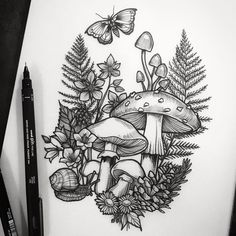 a pencil drawing of mushrooms and ferns with butterflies in the background on paper next to markers