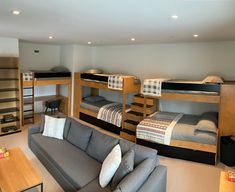 a living room filled with furniture and bunk beds