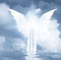 an angel standing in the middle of water surrounded by clouds and blue sky with light coming from behind