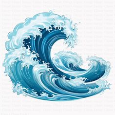 an ocean wave with blue water splashing on it's side and white background