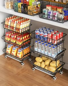 two metal shelves filled with food and drinks