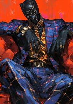 a black panther sitting on top of a couch in front of an orange background and wearing a leopard print suit