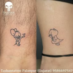 two small tattoos on the legs of people, one with an elephant and another with a mouse