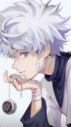 an anime character with white hair and blue eyes is posing for the camera while holding his hand on his chin